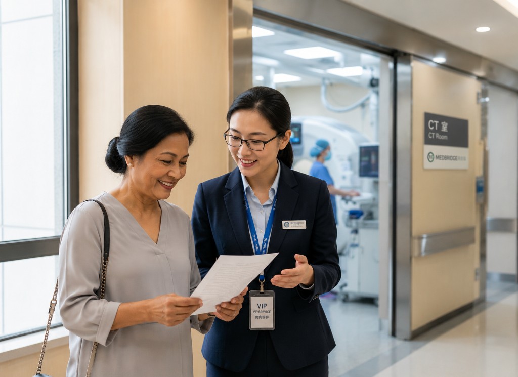 Medical coordinator and patient in a bright clinical consultation setting