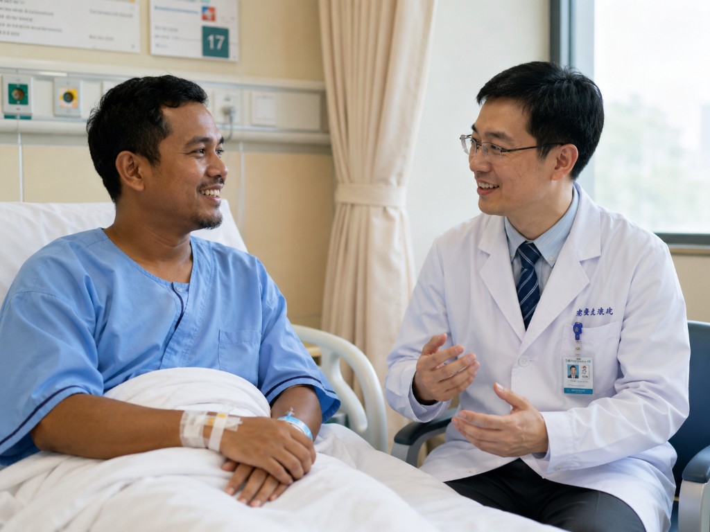Doctor speaking with a patient in a hospital room in China