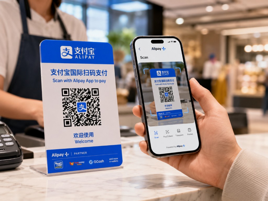 Customer scanning an international Alipay QR code at a checkout counter with the Alipay app