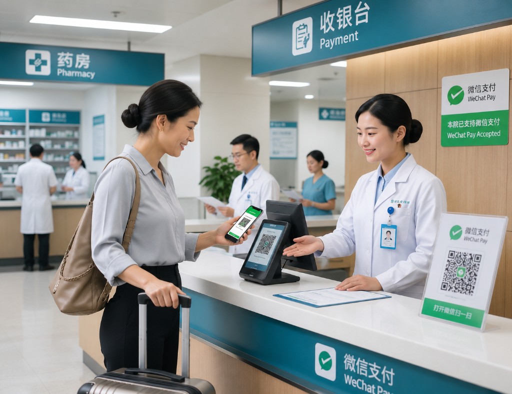 International patient scanning WeChat Pay at a hospital payment counter in China