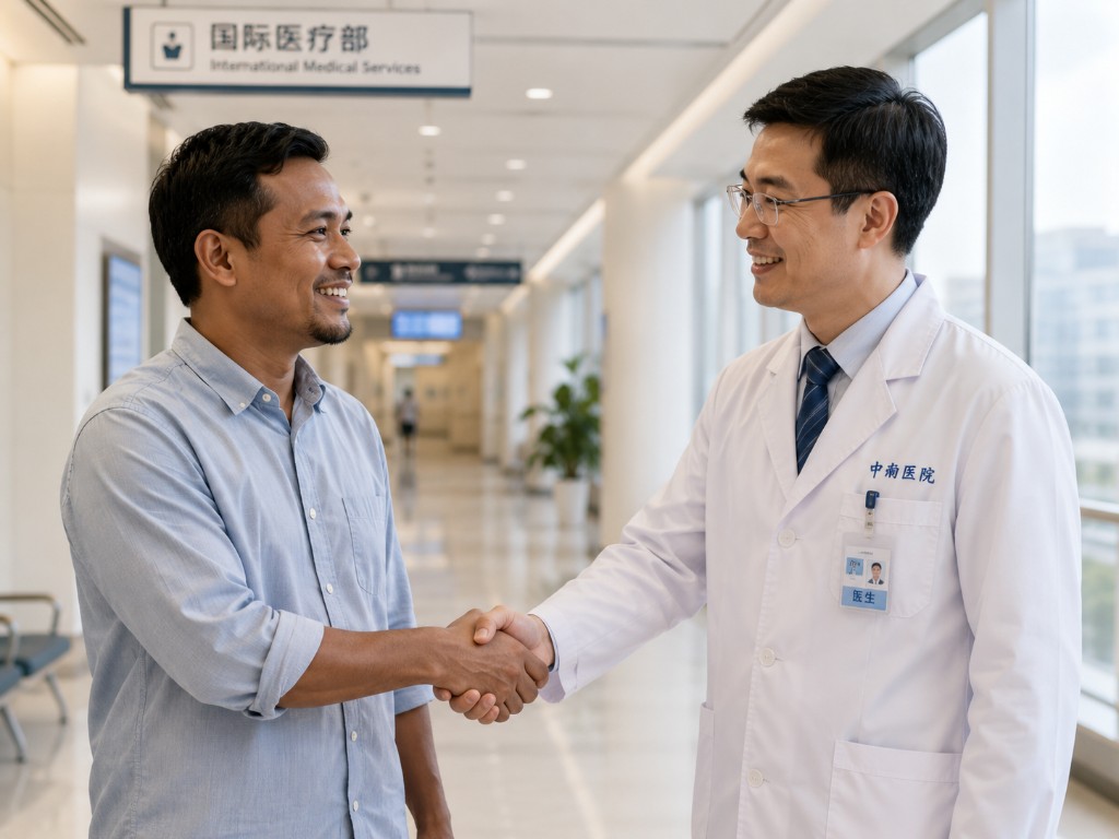 Doctor and international patient shaking hands in a hospital corridor under an International Medical Services sign